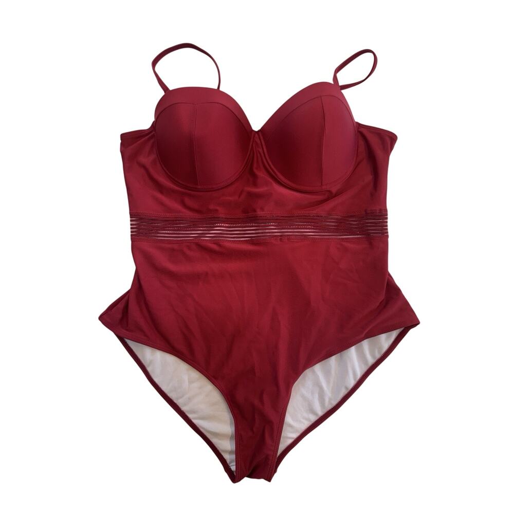 SHEIN Red One Piece Swimsuit 2XL Underwire Padded Mesh Waist Strappy Back